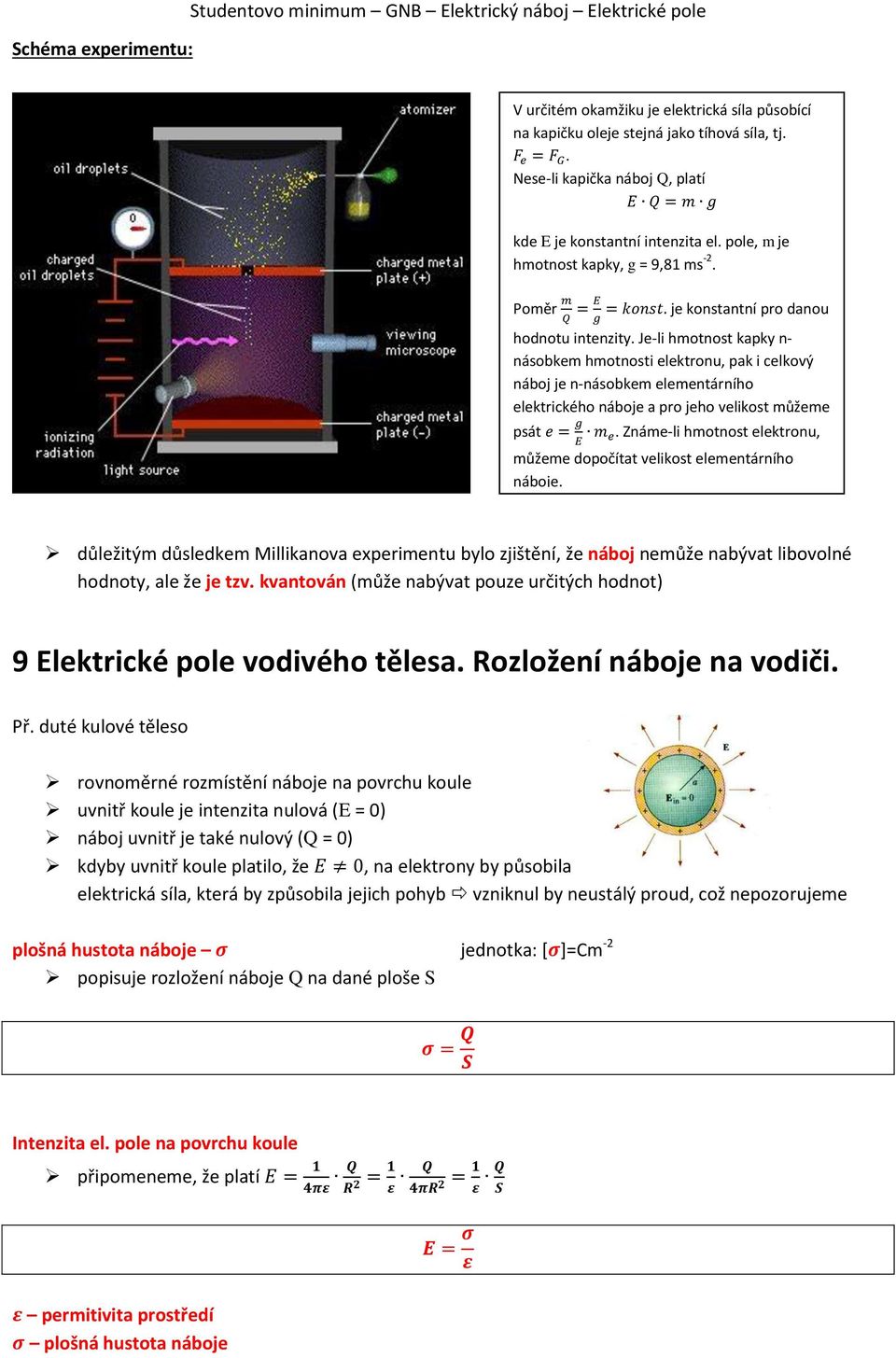 Je-li hmotnost kapky n- násobkem hmotnosti elektronu, pak i celkový náboj je n-násobkem elementárního elektrického náboje a pro jeho velikost můžeme psát.