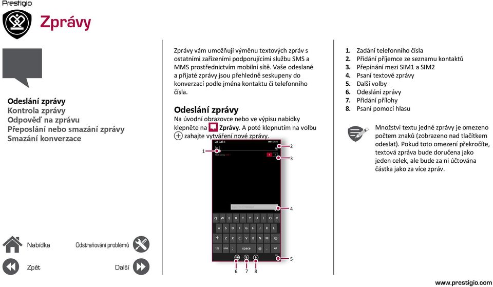 Odeslání zprávy Na úvodní obrazovce nebo ve výpisu nabídky klepněte na Zprávy. A poté klepnutím na volbu zahajte vytváření nové zprávy. 1 2 3 1. Zadání telefonního čísla 2.