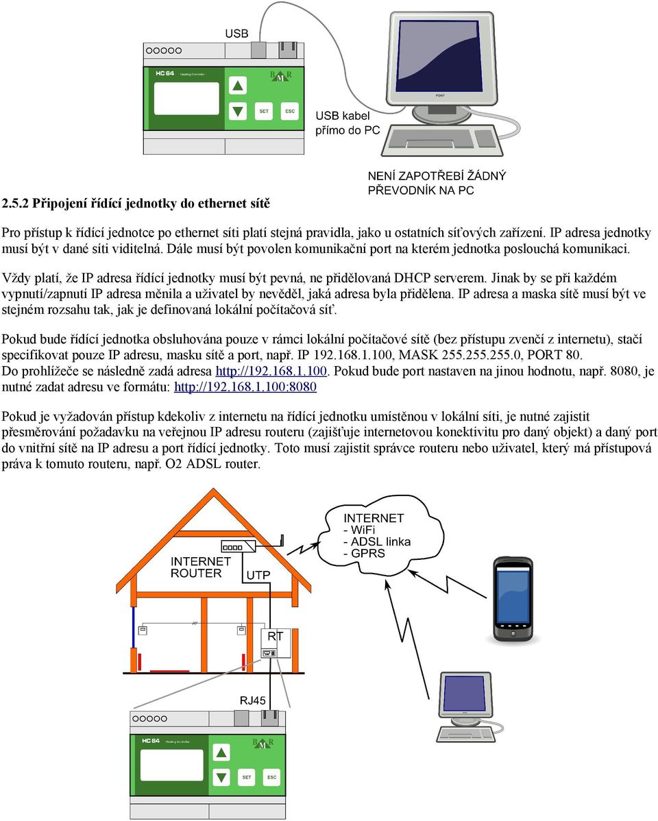 Vždy platí, že IP adresa řídící jednotky musí být pevná, ne přidělovaná DHCP serverem. Jinak by se při každém vypnutí/zapnutí IP adresa měnila a uživatel by nevěděl, jaká adresa byla přidělena.