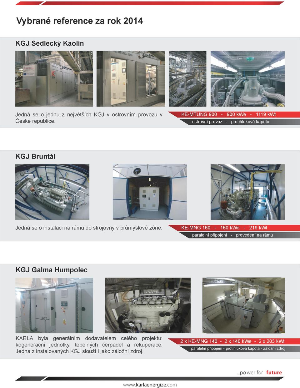 KE-MNG 160-160 kwe - 219 kwt paralelní připojení - provedení na rámu KGJ Galma Humpolec KARLA byla generálním dodavatelem celého projektu: kogenerační