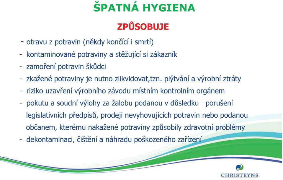 plýtvání a výrobní ztráty - riziko uzavření výrobního závodu místním kontrolním orgánem - pokutu a soudní výlohy za žalobu podanou v