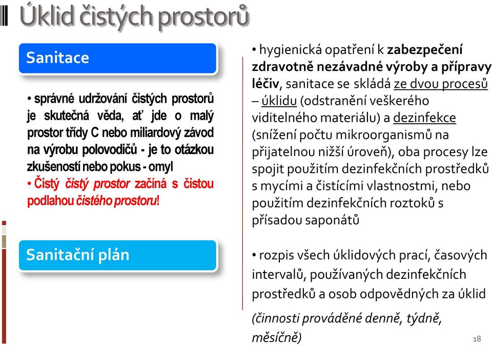 Sanitační plán hygienická opatření k zabezpečení zdravotně nezávadné výroby a přípravy léčiv, sanitace se skládá ze dvou procesů úklidu (odstranění veškerého viditelného materiálu) a dezinfekce