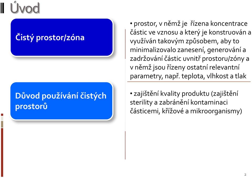 zadržování částic uvnitř prostoru/zóny a v němž jsou řízeny ostatní relevantní parametry, např.