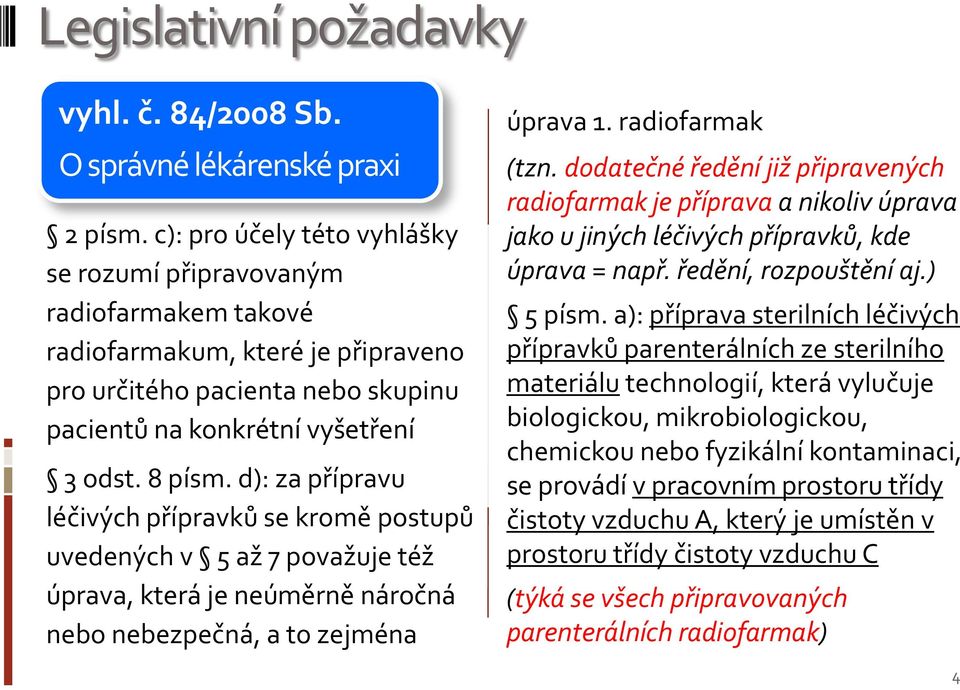 d): za přípravu léčivých přípravků se kromě postupů uvedených v 5 až 7 považuje též úprava, která je neúměrně náročná nebo nebezpečná, a to zejména úprava 1. radiofarmak (tzn.