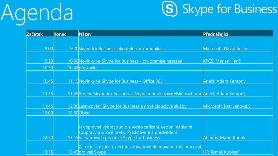 12:00Licencování Skype for Business a nové cloudové služby Microsoft, Petr Janovský 12:00 12:30Oběd Jak správně vybrat audio a video zařízení, osobní náhlavní soupravy a síťové prvky.