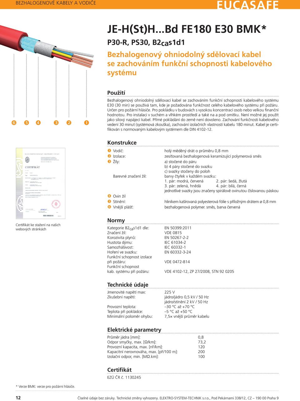 funkční schopnosti kabelového systému E30 (30 min) se používá tam, kde je požadována funkčnost celého kabelového systému při požáru. Určen pro požární hlásiče.