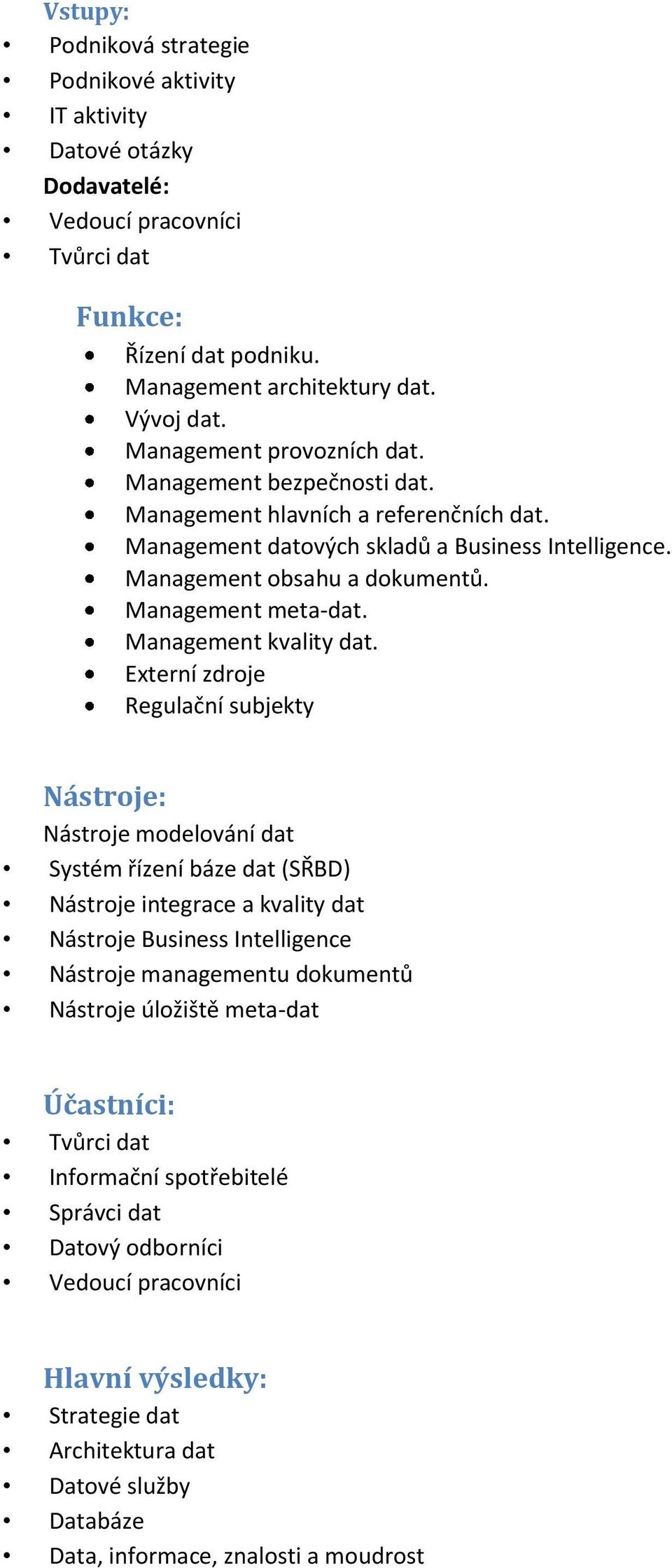 Externí zdrje Regulační subjekty Nástrje: Nástrje mdelvání dat Systém řízení báze dat (SŘBD) Nástrje integrace a kvality dat Nástrje Business Intelligence Nástrje managementu dkumentů Nástrje