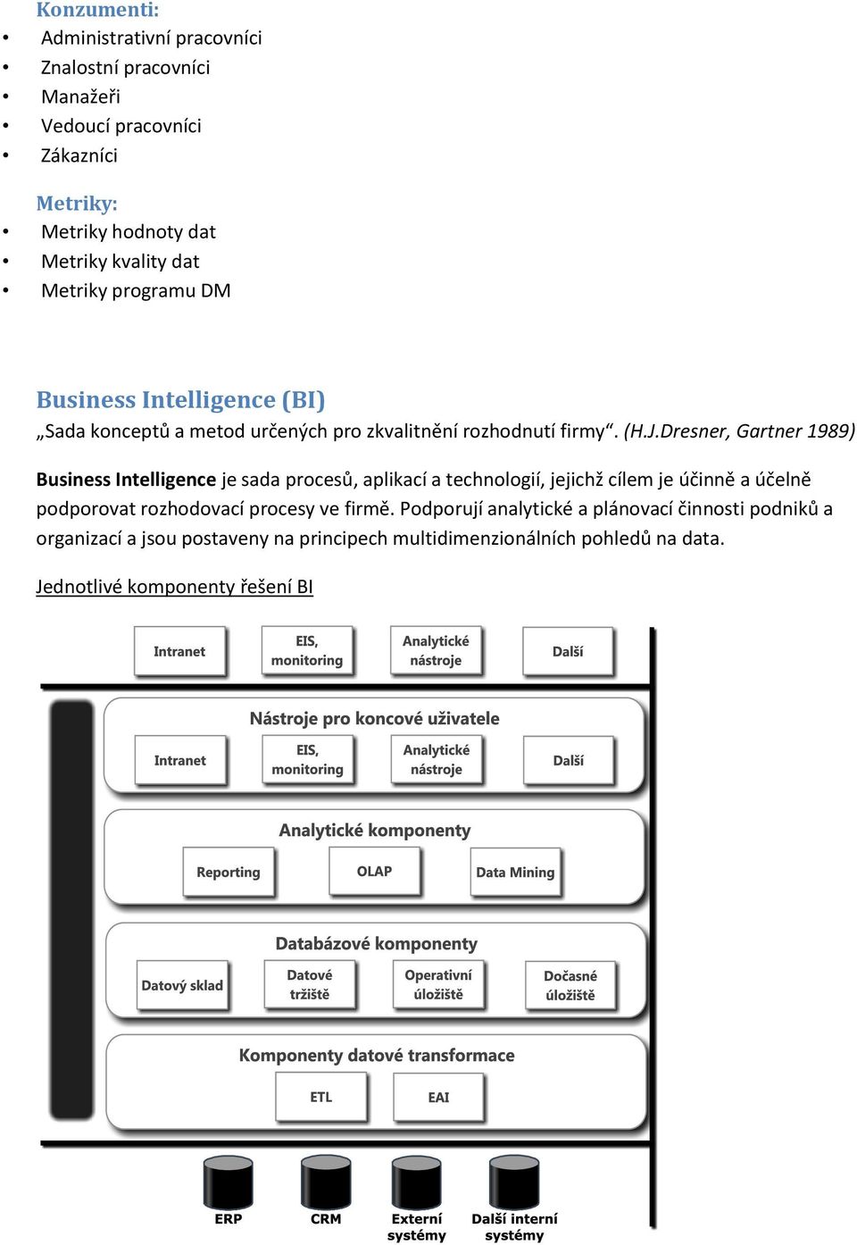 Dresner, Gartner 1989) Business Intelligence je sada prcesů, aplikací a technlgií, jejichž cílem je účinně a účelně pdprvat rzhdvací