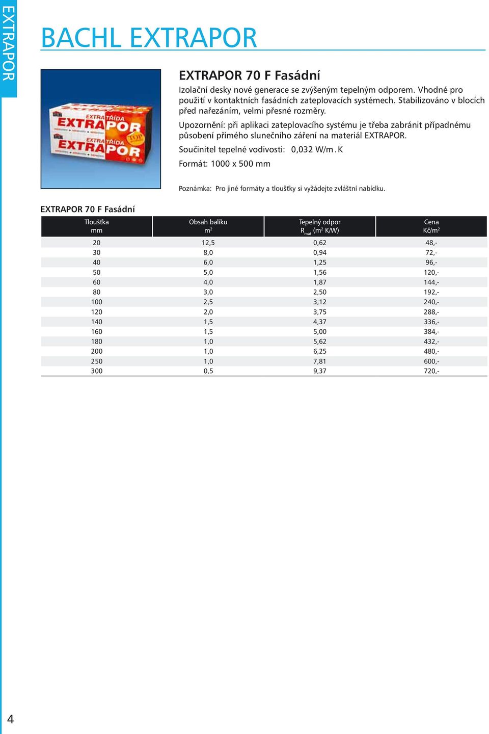 Součinitel tepelné vodivosti: 0,032 W/m. K Formát: 1000 x 500 EXTRAPOR 70 F Fasádní Poznámka: Pro jiné formáty a tloušťky si vyžádejte zvláštní nabídku.