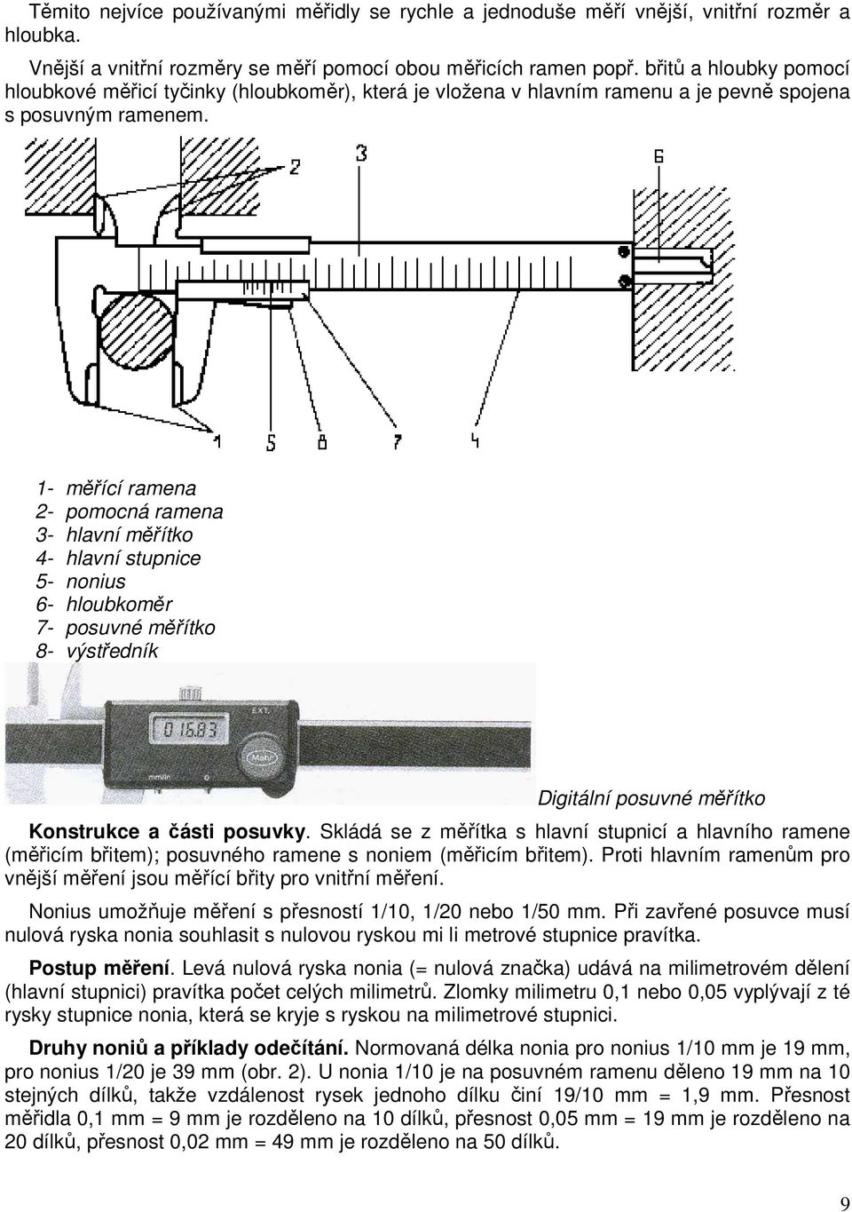 1- měřící ramena 2- pomocná ramena 3- hlavní měřítko 4- hlavní stupnice 5- nonius 6- hloubkoměr 7- posuvné měřítko 8- výstředník Digitální posuvné měřítko Konstrukce a části posuvky.