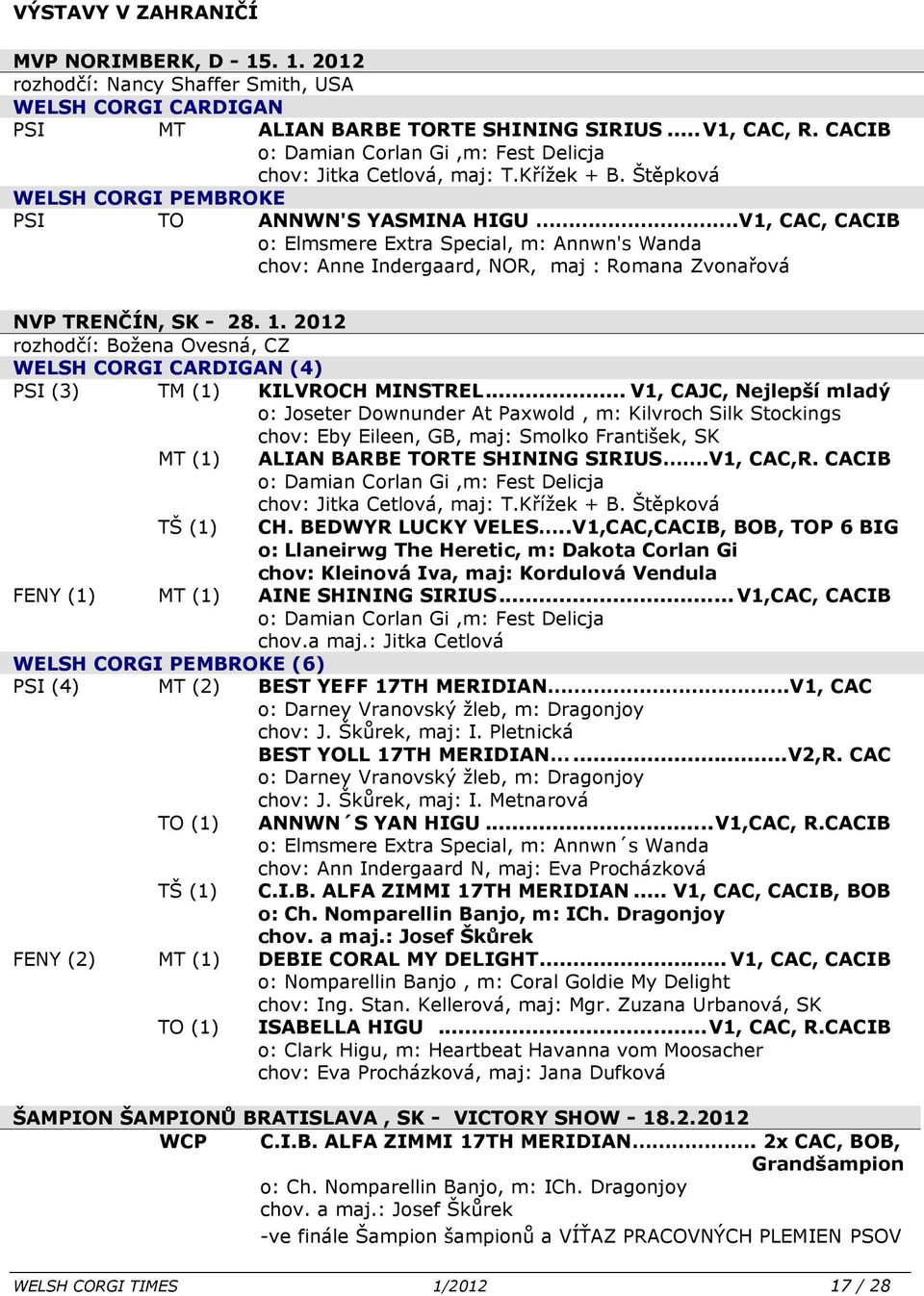 V1, CAC, CACIB o: Elmsmere Extra Special, m: Annwn's Wanda chov: Anne Indergaard, NOR, maj : Romana Zvonařová NVP TRENČÍN, SK - 28. 1.