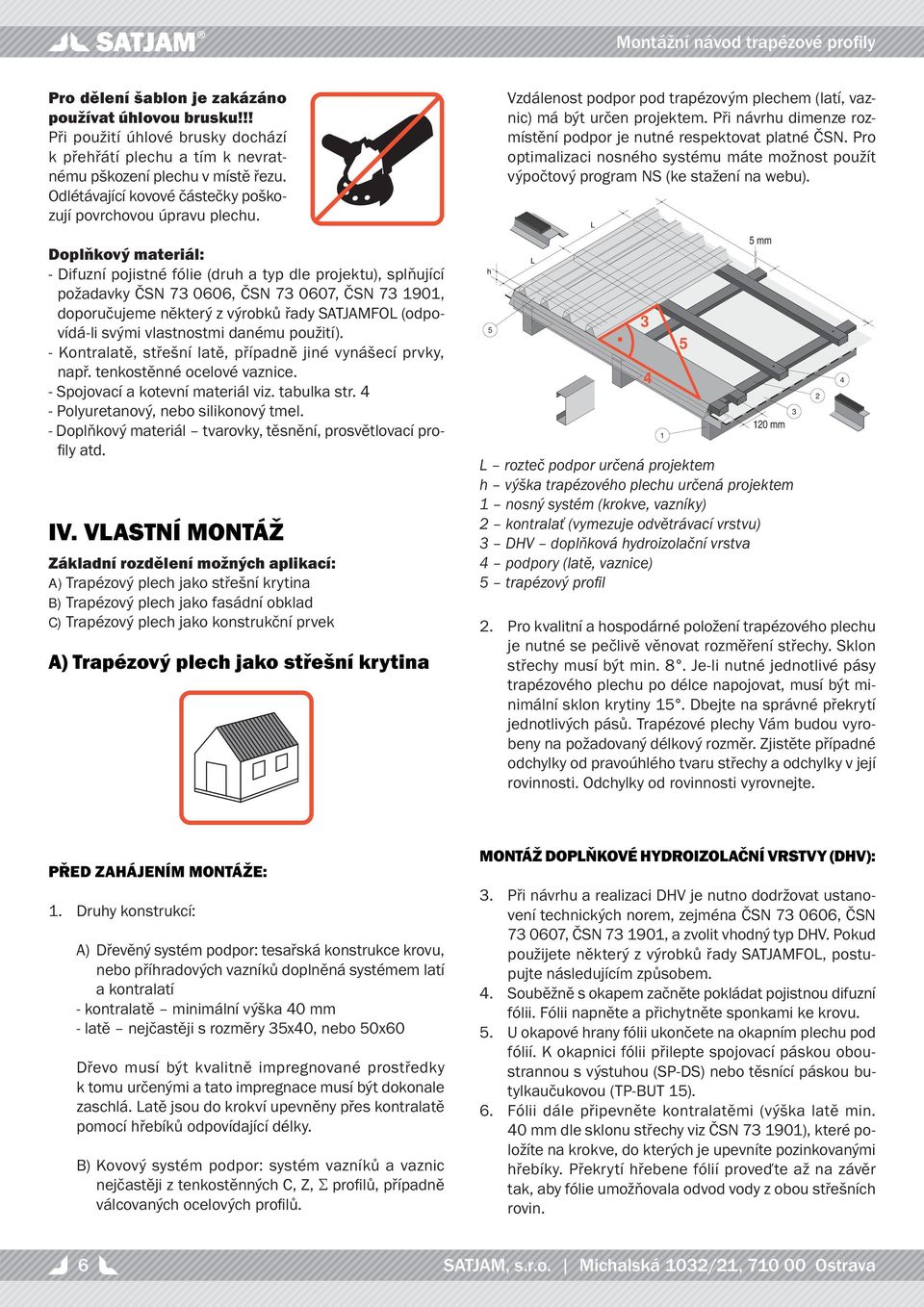 Doplňkový materiál: - Difuzní pojistné fólie (druh a typ dle projektu), splňující požadavky ČN 7 0606, ČN 7 0607, ČN 7 90, doporučujeme některý z výrobků řady ATJAMOL (odpovídá-li svými vlastnostmi