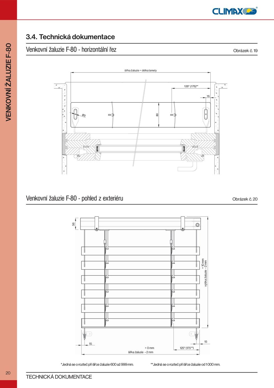 20 + 10 mm výška žaluzie - 2 mm 56 15 + 0 mm šířka žaluzie - 2 mm 125* (175**) 15 *Jedná se o