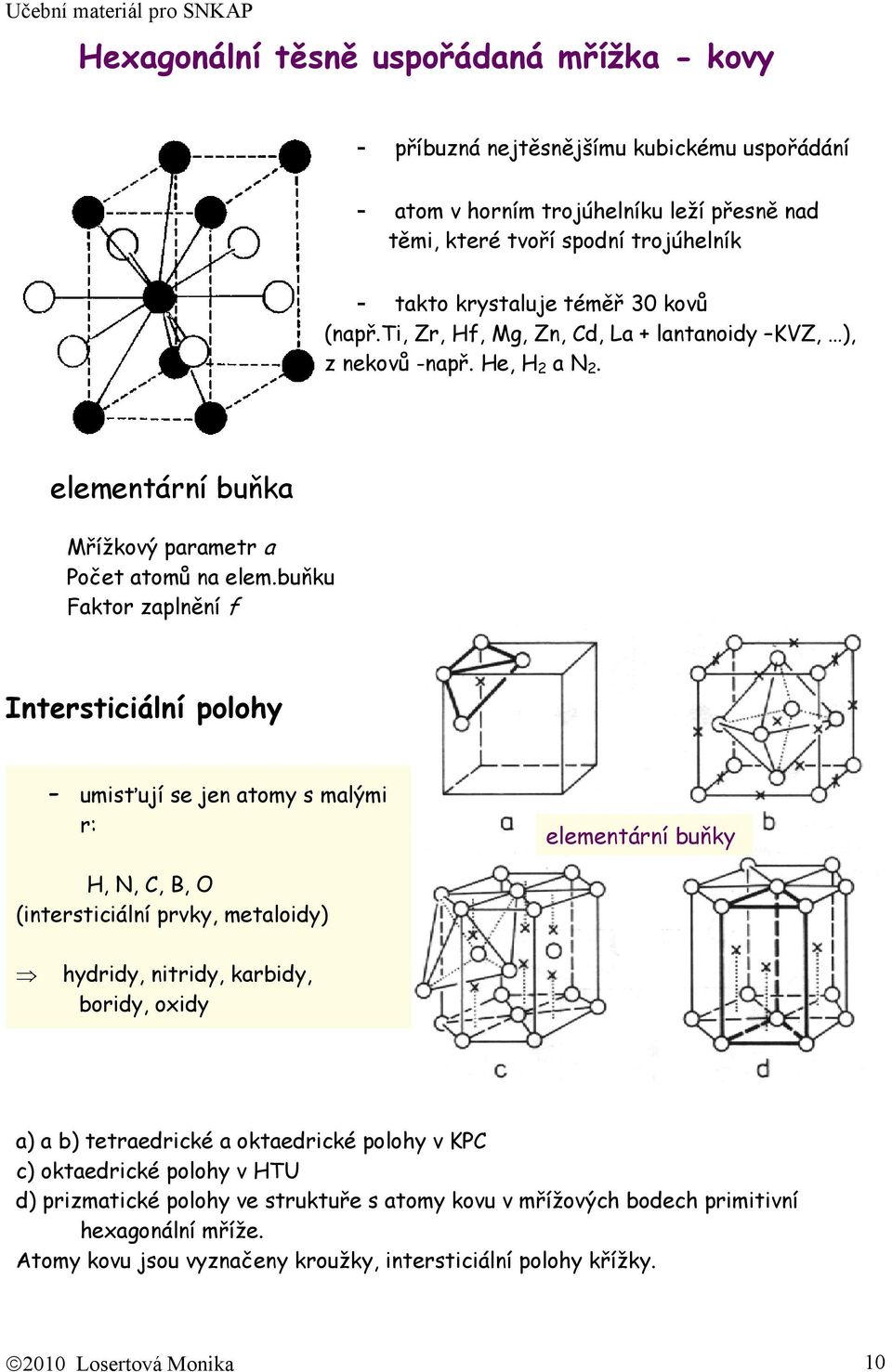 buňku Faktor zaplnění f Intersticiální polohy - umisťují se jen atomy s malými r: elementární buňky H, N, C, B, O (intersticiální prvky, metaloidy) hydridy, nitridy, karbidy, boridy, oxidy a) a b)