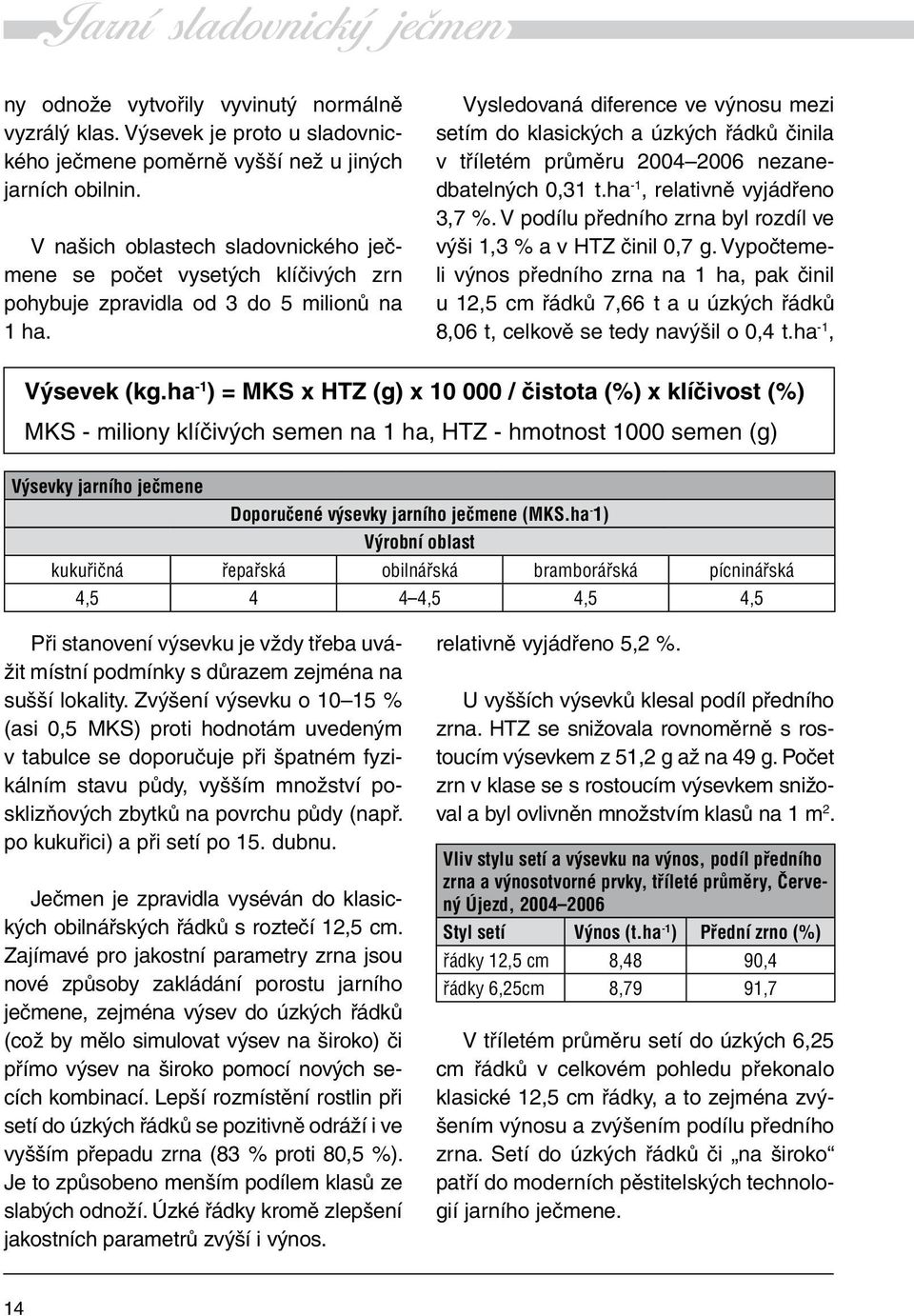 Vysledovaná diference ve výnosu mezi setím do klasických a úzkých řádků činila v tříletém průměru 2004 2006 nezanedbatelných 0,31 t.ha -1, relativně vyjádřeno 3,7 %.