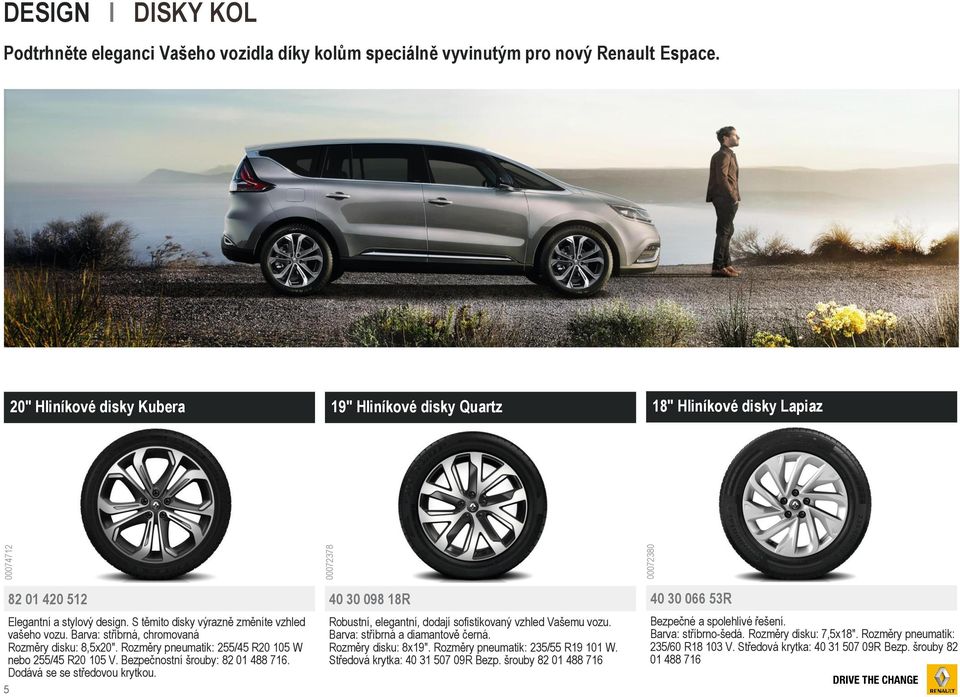 Barva: stříbrná, chromovaná Rozměry disku: 8,5x20". Rozměry pneumatik: 255/45 R20 105 W nebo 255/45 R20 105 V. Bezpečnostní šrouby: 82 01 488 716. Dodává se se středovou krytkou.