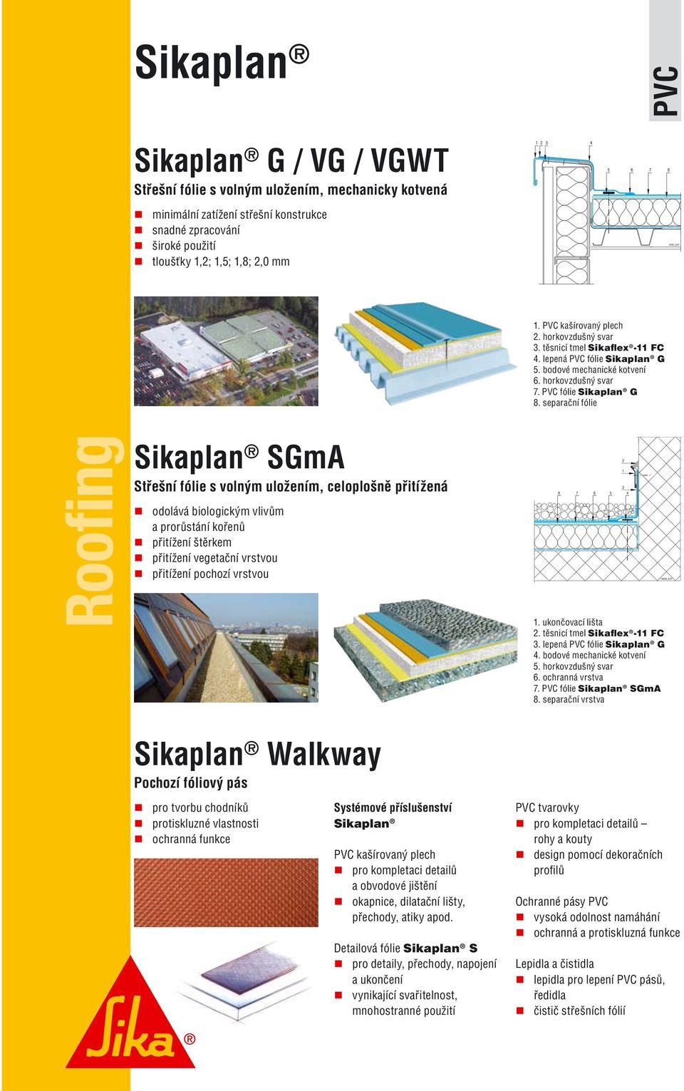 separační fólie Sikaplan SGmA Střešní fólie s volným uložením, celoplošně přitížená odolává biologickým vlivům a prorůstání kořenů přitížení štěrkem přitížení vegetační vrstvou přitížení pochozí