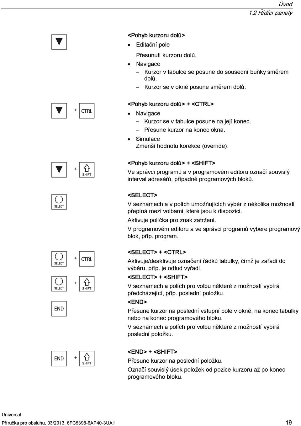 <Pohyb kurzoru dolů> + <SHIFT> Ve správci programů a v programovém editoru označí souvislý interval adresářů, případně programových bloků.