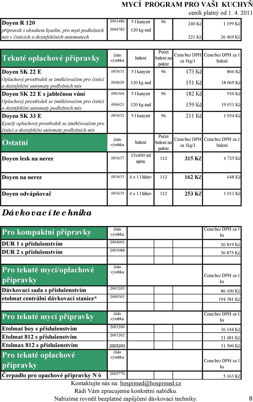 003631 5 l kanystr 96 173 Kč 866 Kč Oplachový prostředek se změkčovačem pro čistící a dezinfekční automaty podložních mís.004620 120 kg sud 151 Kč 18 069 Kč Doyen SK 22 E s jablečnou vůní.