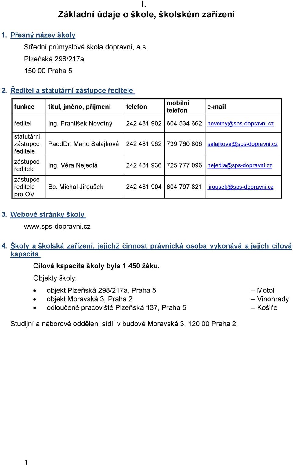 cz statutární zástupce ředitele zástupce ředitele zástupce ředitele pro OV PaedDr. Marie Salajková Ing. Věra Nejedlá Bc. Michal Jiroušek 242 481 962 739 760 806 salajkova@sps-dopravni.