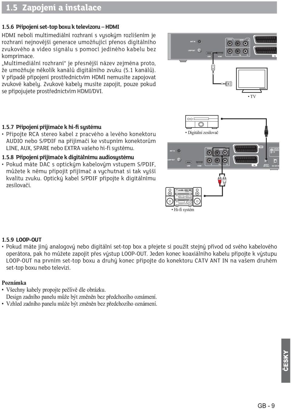 Digitální zesilovač Hi-fi systém 1.5.9 LOOP-OUT operátora, pak ho můžete zapojit přes výstup LOOP-OUT. Jeden konec koaxiálního kabelu připojte k výstupu set-top boxu nebo televizi.