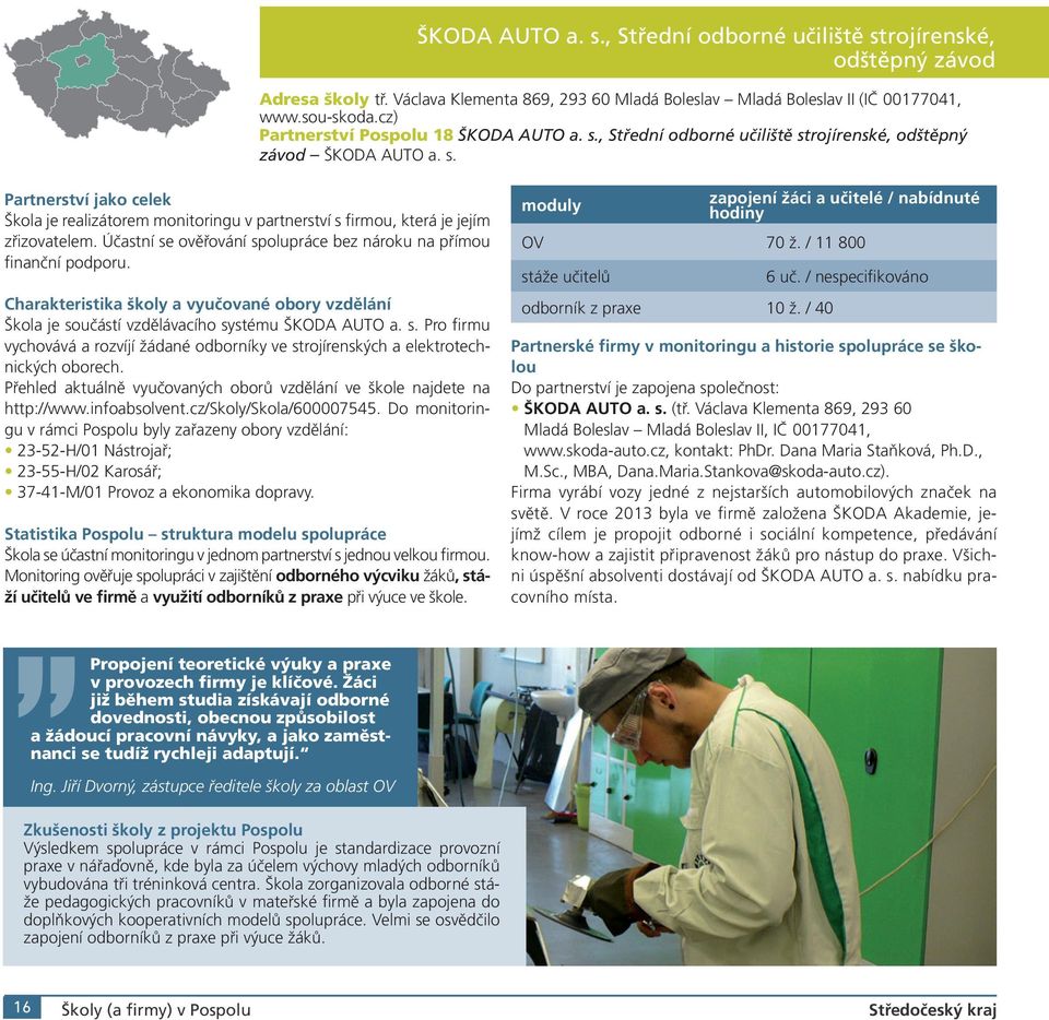 Účastní se ověřování spolupráce bez nároku na přímou finanční podporu. Charakteristika školy a vyučované obory vzdělání Škola je součástí vzdělávacího systému ŠKODA AUTO a. s. Pro firmu vychovává a rozvíjí žádané odborníky ve strojírenských a elektrotechnických oborech.