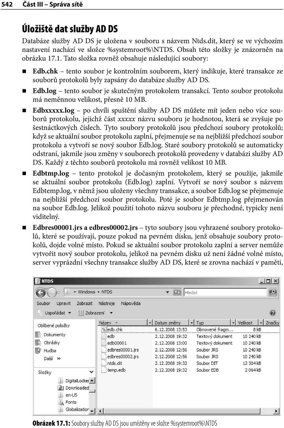 chk tento soubor je kontrolním souborem, který indikuje, které transakce ze souborů protokolů byly zapsány do databáze služby AD DS. Edb.log tento soubor je skutečným protokolem transakcí.