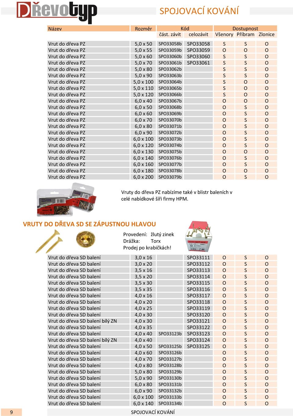 SPO33061b SPO33061 S S O Vrut do dřeva PZ 5,0 x 80 SPO33062b S S O Vrut do dřeva PZ 5,0 x 90 SPO33063b S S O Vrut do dřeva PZ 5,0 x 100 SPO33064b S O O Vrut do dřeva PZ 5,0 x 110 SPO33065b S O O Vrut
