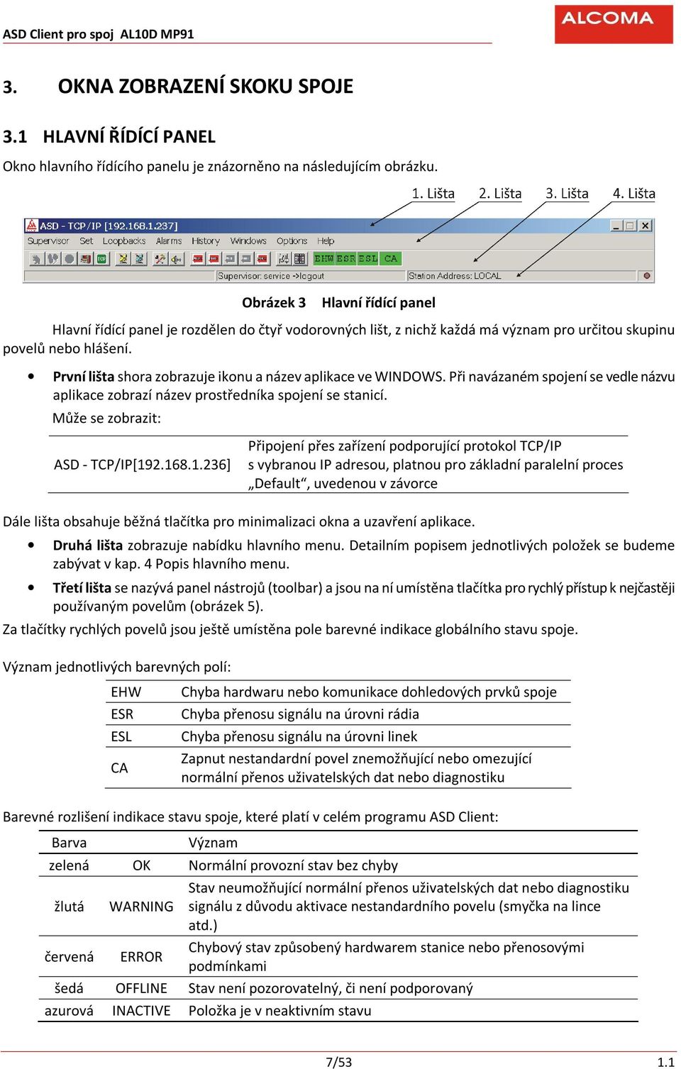 První lišta shora zobrazuje ikonu a název aplikace ve WINDOWS. Při navázaném spojení se vedle názvu aplikace zobrazí název prostředníka spojení se stanicí. Může se zobrazit: ASD - TCP/IP[19