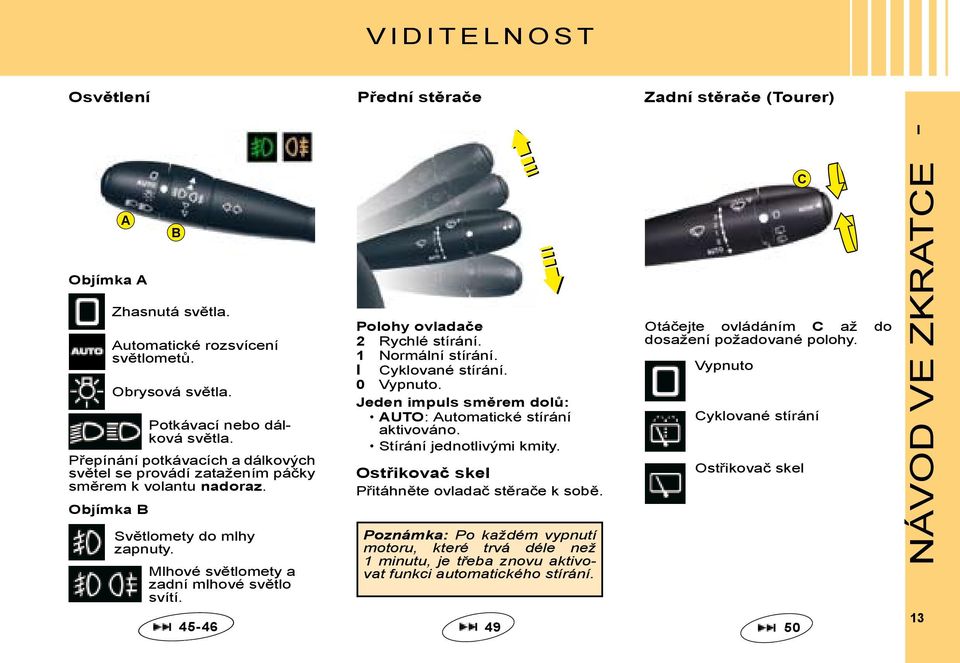 Mlhové světlomety a zadní mlhové světlo svítí. 45-46 Polohy ovladače 2 Rychlé stírání. 1 Normální stírání. I Cyklované stírání. 0 Vypnuto.