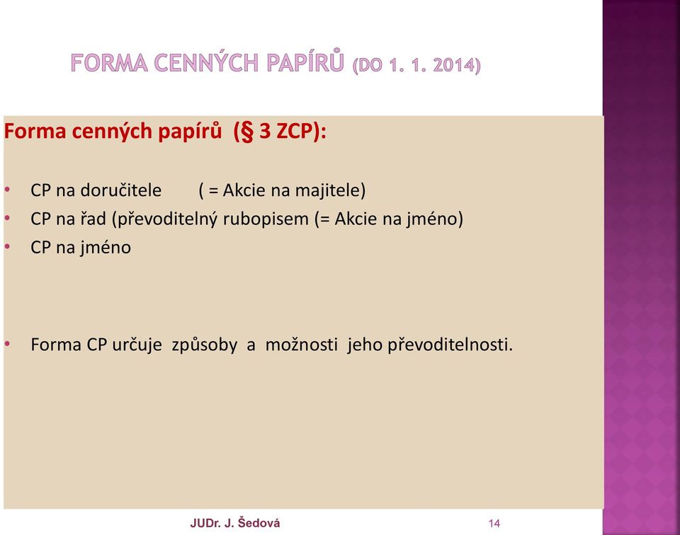 (= Akcie na jméno) CP na jméno Forma CP určuje