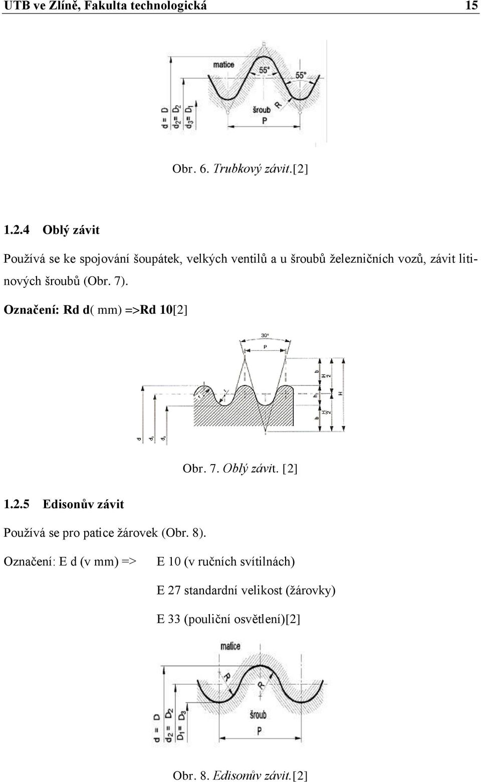 šroubů (Obr. 7). Označení: Rd d( mm) =>Rd 10[2] Obr. 7. Oblý závit. [2] 1.2.5 Edisonův závit Používá se pro patice žárovek (Obr.