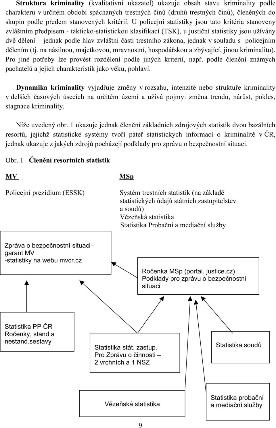 U policejní statistiky jsou tato kritéria stanoveny zvláštním předpisem - takticko-statistickou klasifikací (TSK), u justiční statistiky jsou užívány dvě dělení jednak podle hlav zvláštní části