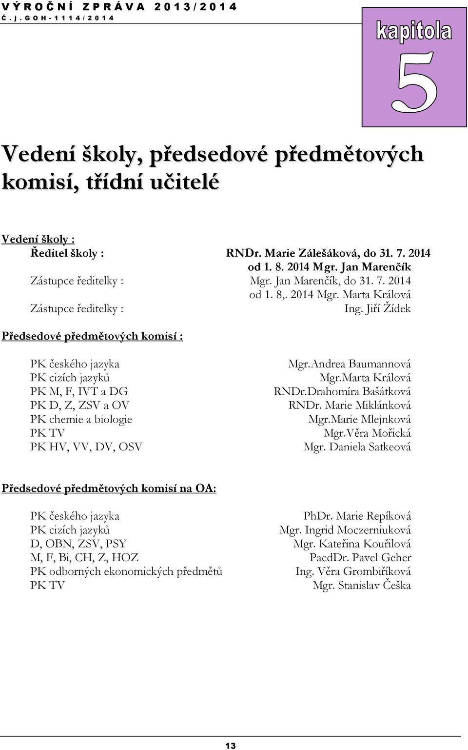 Jiří Žídek Předsedové předmětových komisí : PK českého jazyka PK cizích jazyků PK M, F, IVT a DG PK D, Z, ZSV a OV PK chemie a biologie PK TV PK HV, VV, DV, OSV Mgr.Andrea Baumannová Mgr.