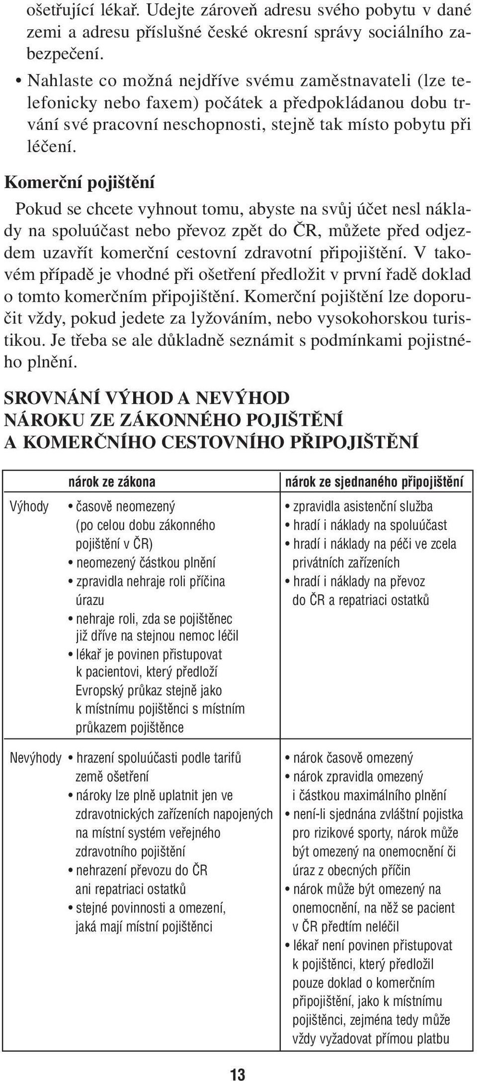 Komerční pojištění Pokud se chcete vyhnout tomu, abyste na svůj účet nesl náklady na spoluúčast nebo převoz zpět do ČR, můžete před odjezdem uzavřít komerční cestovní zdravotní připojištění.