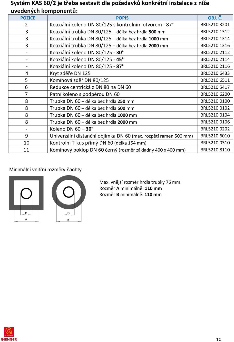 BRL5210 2112 - Koaxiální koleno DN 80/125-45 BRL5210 2114 - Koaxiální koleno DN 80/125-87 BRL5210 2116 4 Kryt zděře DN 125 BRL5210 6433 5 Komínová zděř DN 80/125 BRL5210 6511 6 Redukce centrická z DN