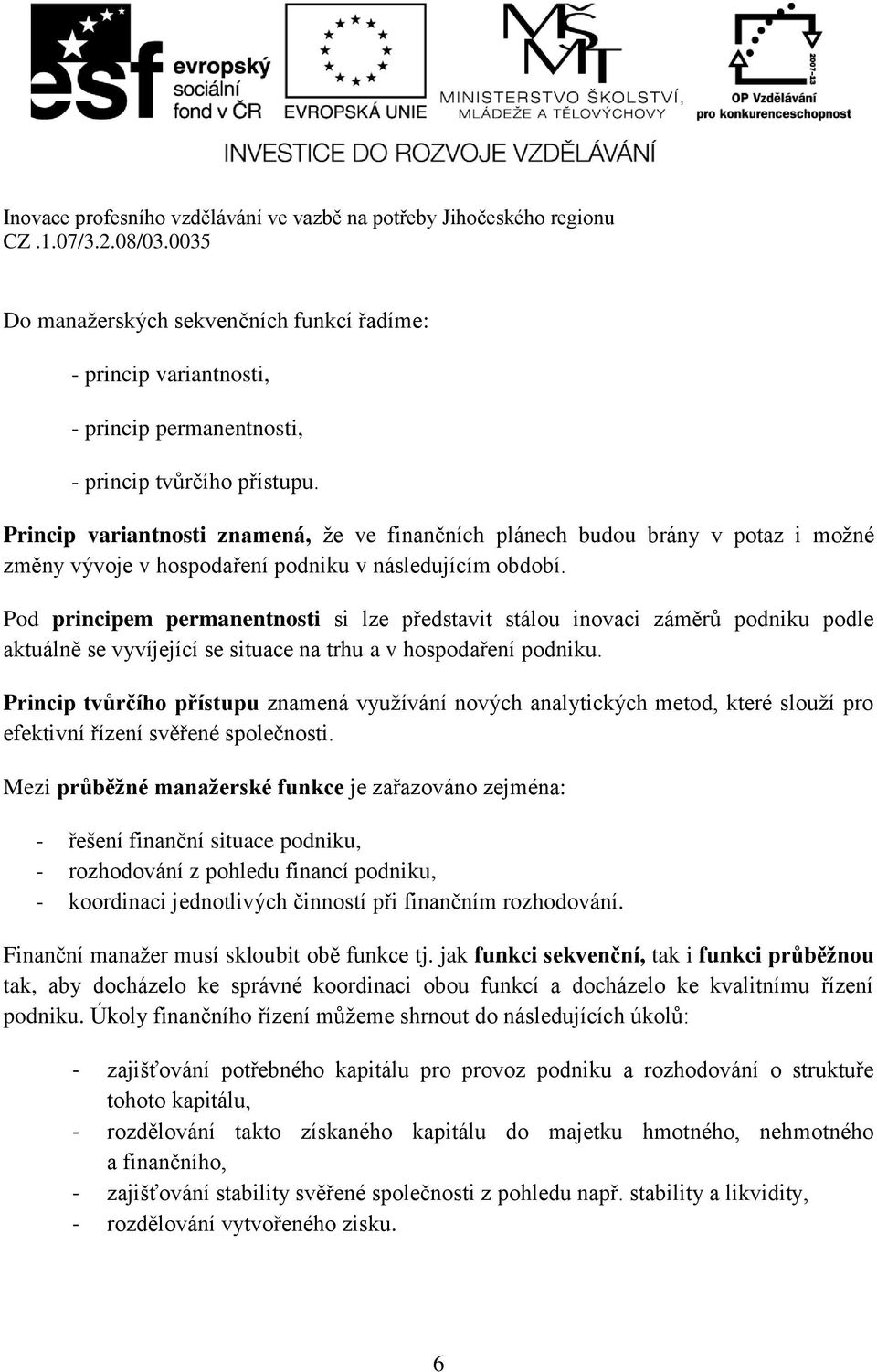 Pod principem permanentnosti si lze představit stálou inovaci záměrů podniku podle aktuálně se vyvíjející se situace na trhu a v hospodaření podniku.