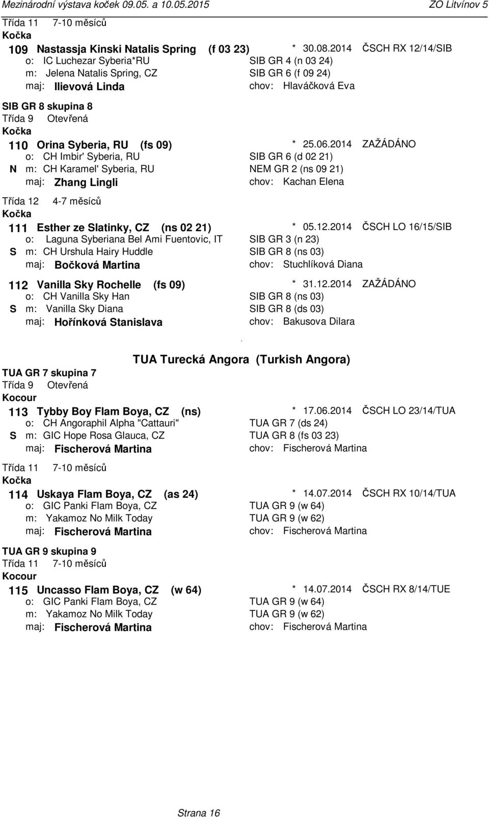 CZ (ns 02 21) Laguna Syberiana Bel Ami Fuentovic, IT S CH Urshula Hairy Huddle maj: Bočková Martina 112 Vanilla Sky Rochelle (fs 09) CH Vanilla Sky Han S Vanilla Sky Diana maj: Hořínková Stanislava