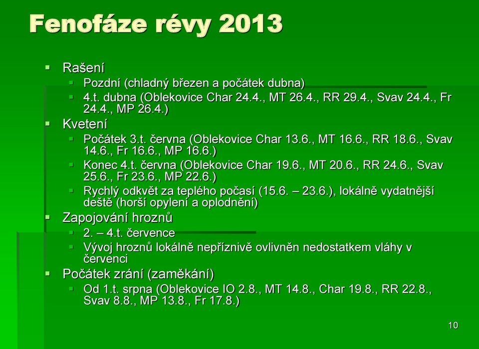 6.) Rychlý odkvět za teplého počasí (15.6. 23.6.), lokálně vydatnější deště (horší opylení a oplodnění) Zapojování hroznů 2. 4.t. července Vývoj hroznů lokálně nepříznivě ovlivněn nedostatkem vláhy v červenci Počátek zrání (zaměkání) Od 1.