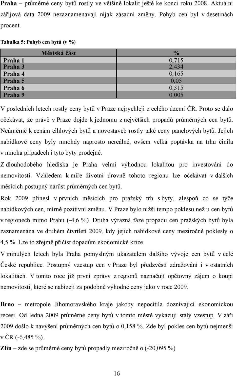 území ČR. Proto se dalo očekávat, ţe právě v Praze dojde k jednomu z největších propadů průměrných cen bytů. Neúměrně k cenám cihlových bytů a novostaveb rostly také ceny panelových bytů.