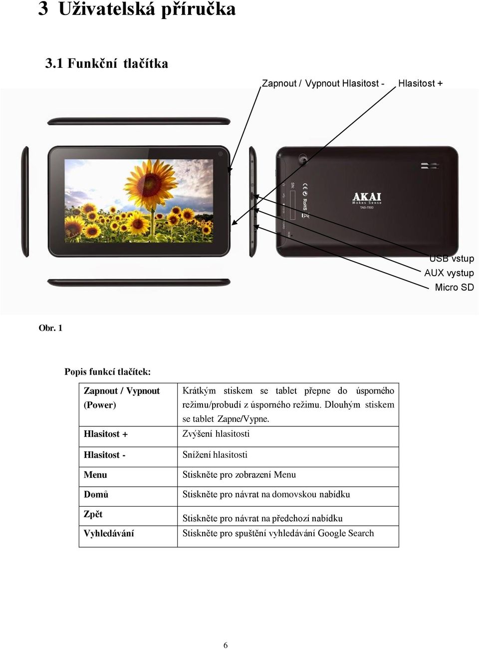 do úsporného režimu/probudí z úsporného režimu. Dlouhým stiskem se tablet Zapne/Vypne.