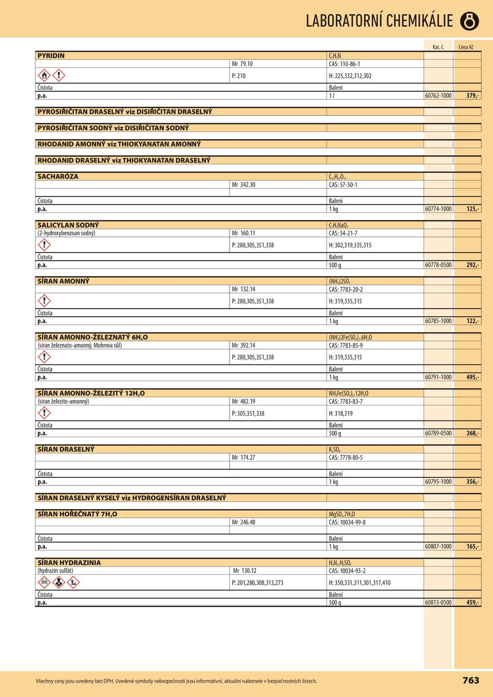 SACHARÓZA C 12H 22O 11 Mr 342.30 CAS: 57-50-1 p.a. 1 kg 60774-1000 125,- SALICYLAN SODNÝ C 7H 5NaO 3 (2-hydroxybenzoan sodný) Mr 160.11 CAS: 54-21-7 P: 280,305,351,338 H: 302,319,335,315 p.a. 500 g 60778-0500 292,- SÍRAN AMONNÝ (NH 4)2SO 4 Mr 132.