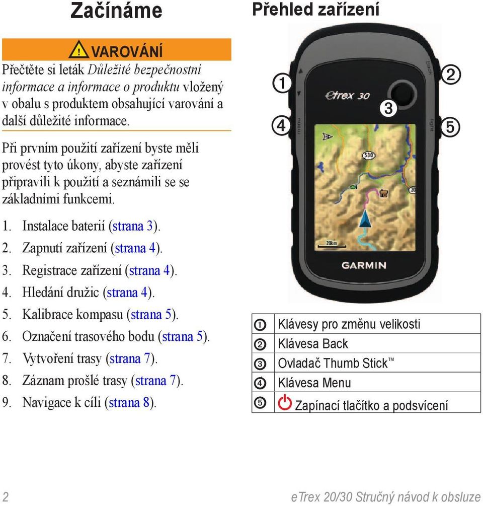 Zapnutí zařízení (strana 4). 3. Registrace zařízení (strana 4). 4. Hledání družic (strana 4). 5. Kalibrace kompasu (strana 5). 6. Označení trasového bodu (strana 5). 7.