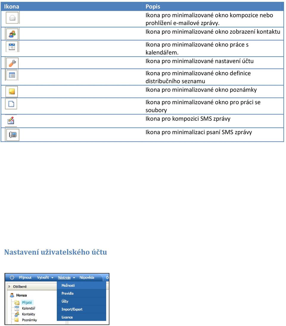 Ikona pro minimalizované nastavení účtu Ikona pro minimalizované okno definice distribučního seznamu Ikona pro