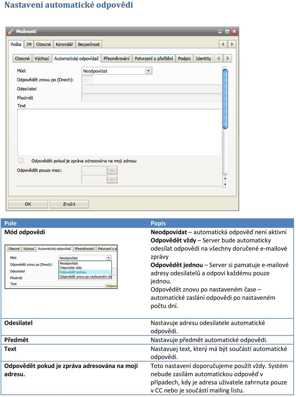 odesilatelů a odpoví každému pouze jednou. Odpovědět znovu po nastaveném čase automatické zaslání odpovědi po nastaveném počtu dní. Nastavuje adresu odesilatele automatické odpovědi.