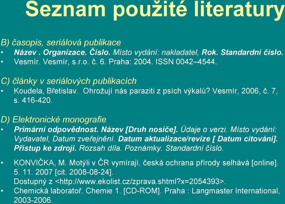 Údaje o verzi. Místo vydání: Vydavatel, Datum zveřejnění. Datum aktualizace/revize [ Datum citování]. Přístup ke zdroji. Rozsah díla. Poznámky. Standardní číslo. KONVIČKA, M.