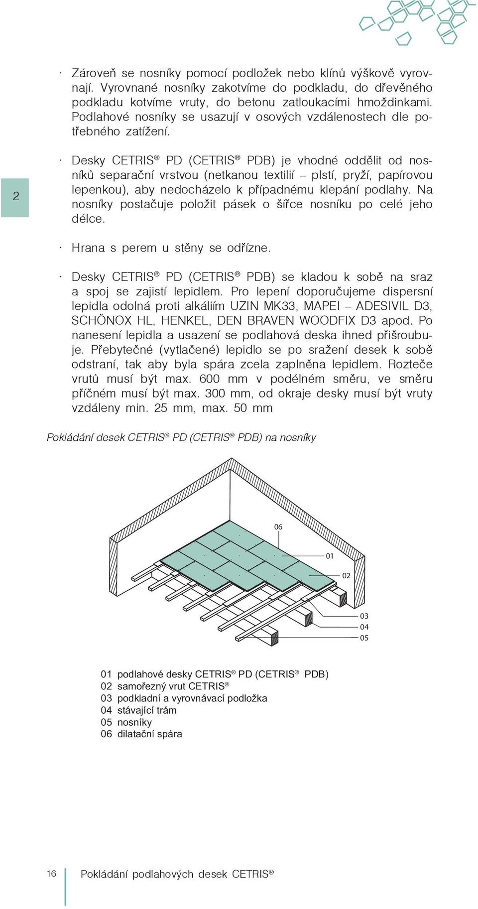 2 Desky CETRIS PD (CETRIS PDB) je vhodné oddělit od nosníků separační vrstvou (netkanou textilií plstí, pryží, papírovou lepenkou), aby nedocházelo k případnému klepání podlahy.