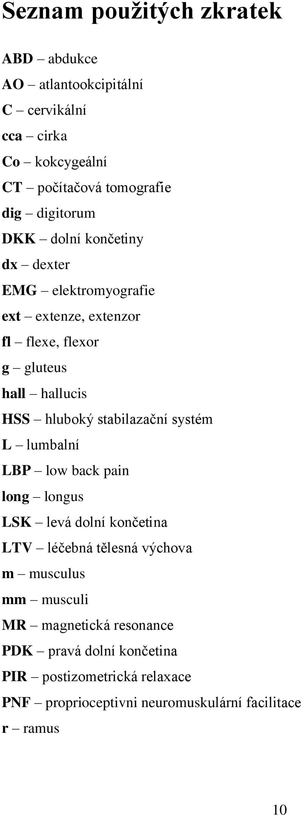 hluboký stabilazační systém L lumbalní LBP low back pain long longus LSK levá dolní končetina LTV léčebná tělesná výchova m musculus