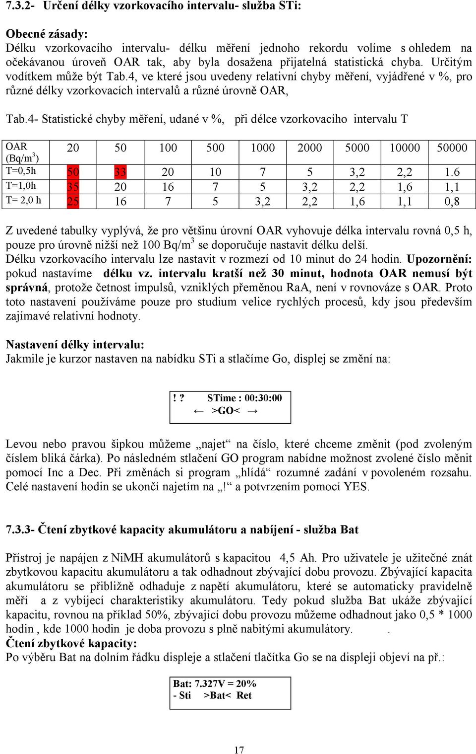 4- aisické chyby měření, udané v %, při délce vzorkovacího inervalu T OAR 20 50 100 500 1000 2000 5000 10000 50000 (q/m 3 ) T=0,5h 50 33 20 10 7 5 3,2 2,2 1.