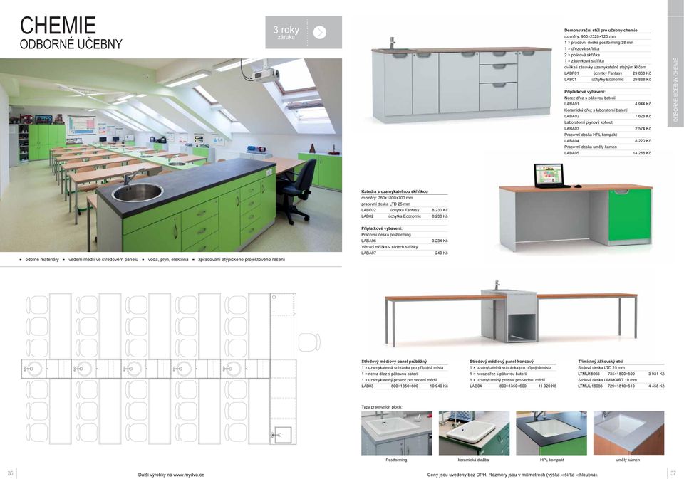 Kč Laboratorní plynový kohout LABA03 2 574 Kč Pracovní deska HPL kompakt LABA04 8 220 Kč Pracovní deska umělý kámen LABA05 14 288 Kč CHEMIE Katedra s uzamykatelnou skříňkou rozměry: 760 1800 700 mm